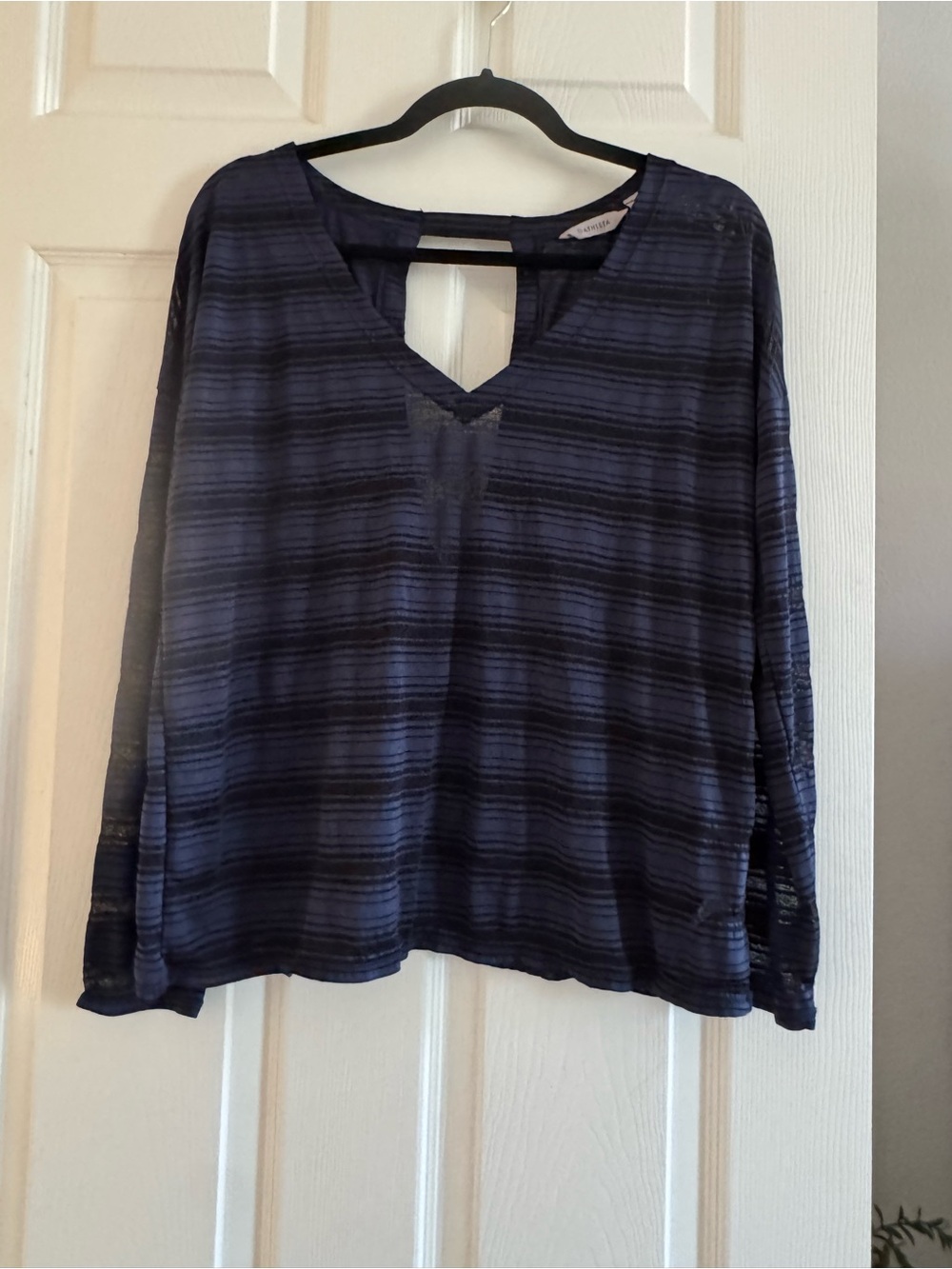 Athleta- Navy Blue Striped Long-sleeve Top With Cutout Detail In The Back